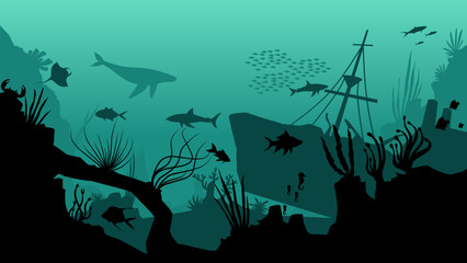 Shipwreck undersea landscape illustration with coral reef and fishes