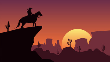 Desert landscape illustration with silhouette of cowboy riding horse