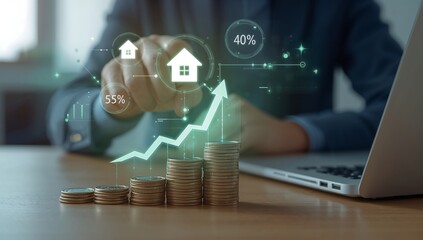 Businessman analyzing financial growth with coins and virtual interface