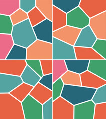 This image shows four distinct square panels filled with colorful mosaic patterns on a white background