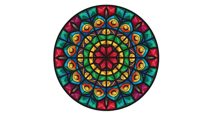 Fototapeta premium Vibrant stained glass window with intricate circular design and colorful patterns viewed from the center