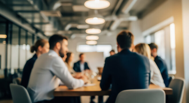 Blurred business professionals engaged in a collaborative meeting around a conference table in a modern office setting with blurred background and overhead lighting
