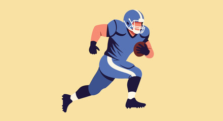 Fototapeta premium An illustrated American football player in a blue uniform runs powerfully across a light background, clutching the ball.