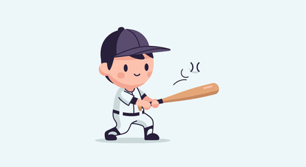 Obraz premium An adorable cartoon baseball player wearing a cap and uniform, holding a wooden bat in a dynamic pose.