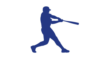 Fototapeta premium Blue silhouette of a baseball player in mid-swing, powerfully hitting a ball with a bat during a game.