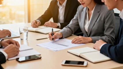 Fototapeta premium Business professionals gather around a conference table to sign documents, with a warm office atmosphere conveying a sense of professional collaboration, making it a material image suitable for busine