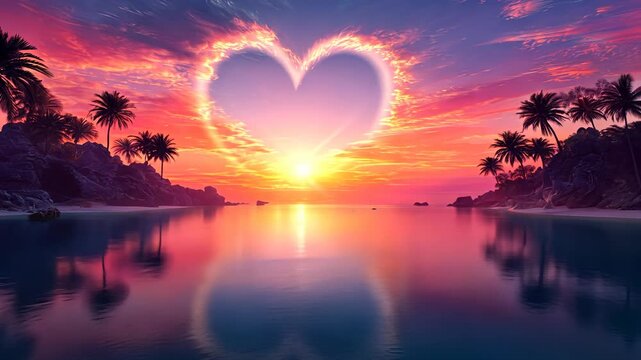 Romantic Sunset Over Tropical Beach with Heart-Shaped Clouds