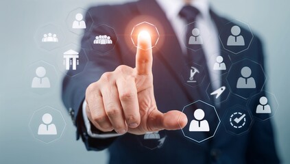 Businessman interacting with digital interface for network management