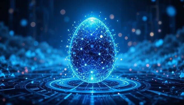A glowing blue Easter egg with a futuristic design and neon lights on a digital background