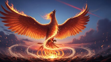 Majestic fiery phoenix rising towards the heavens amid swirling light and cloudscape