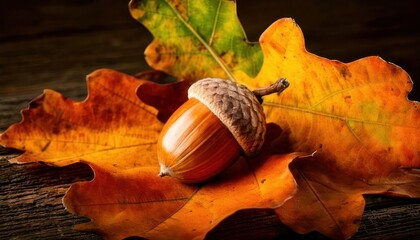 Close-up of an Acorn resting on vibrant autumn oak leaves on a wooden surface.