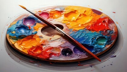 Artists Wooden Palette Covered in Vibrant Oil Paints with a Brush.
