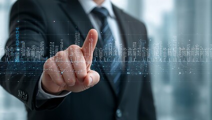 Businessman interacting with futuristic digital interface in modern office