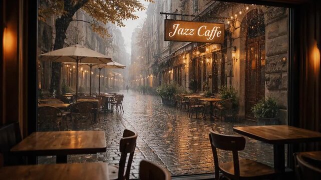 A cozy jazz cafe on a rainy evening with empty tables, warm lights, and a nostalgic European street atmosphere, evoking calm, solitude, and cinematic urban charm.