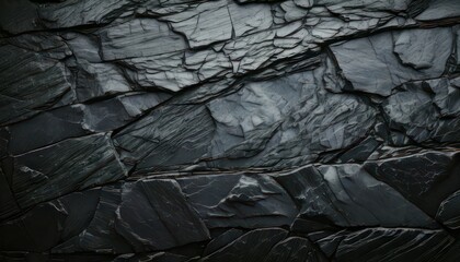 Close-up of dark layered rock formation with rough texture.