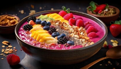 Colorful Acai Bowl with Fresh Fruits and Granola Toppings.