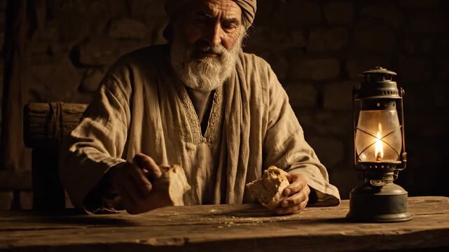 An elderly man with a long beard breaks bread at a table lit by a lantern