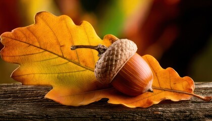 Autumn Oak Leaf and Acorn on Wooden Surface.