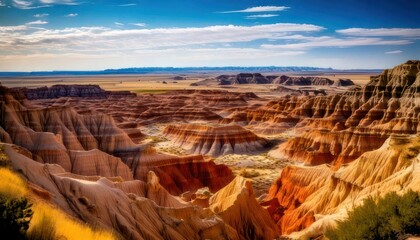 Badlands National Park South Dakota Dramatic Eroded Landscape Under Blue Sky.