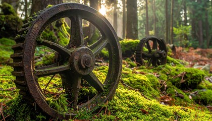 Two weathered, industrial gears lie abandoned in a lush, mossy forest. Sunlight filters through the trees, illuminating the scene