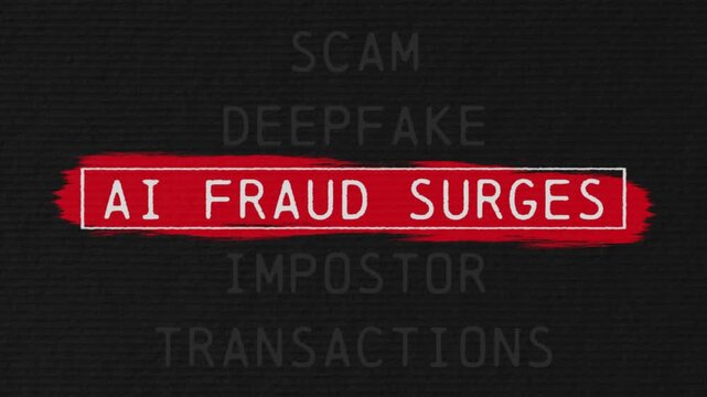 ai fraud surges scrolling text sequence with documentary style title animation for news topic and trend