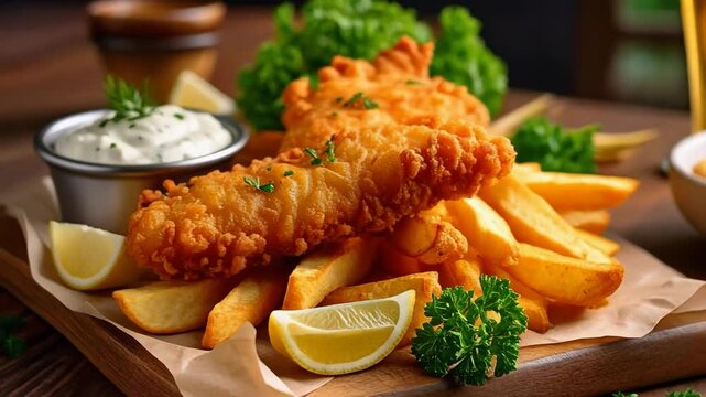 Crispy fried fish fillet served with golden French fries, lemon wedges, and tartar sauce on a rustic wooden table, showcasing a delicious comfort food meal.