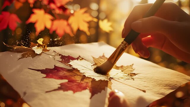 Artist's Hands Painting Colorful Autumn Maple Leaf on Paper Outdoors