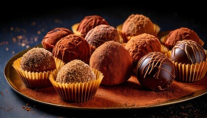 Assortment of Delicious Chocolate Truffles on a Rustic Plate.