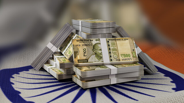 Pile of Stacked Indian 500 Rupee Banknotes on India Flag Background, 3D Illustration, Finance, Economy, Crisis, Inflation, and Business Concept
