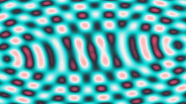 A teal background with pink and maroon wave patterns and circular shapes, abstract and surreal