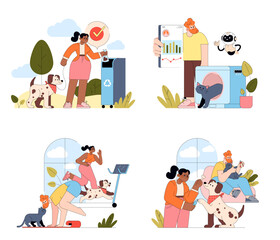 People Recycling, Exercising, and Playing with Pets Vector