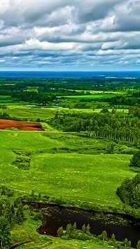 Vertical aerial forward hyperlapse over lush green meadows and country roads in rural Latvia during sunny summer day showing beautiful northern European countryside with small lakes and parchy forests