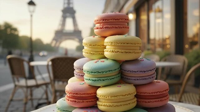 Colorful Macarons Tower by Eiffel Tower Paris France.