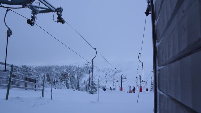 Button ski lift operating at ski resort in sweden
