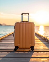 Fototapeta premium Solo Brown Suitcase Standing on a Wooden Pier at Golden Sunset