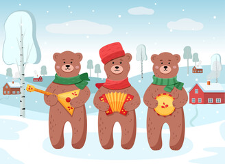Cute bears in scarves with musical instruments. Maslenitsa folk festivals. Winter rustic landscape with houses and birch trees. Shrovetide concept
