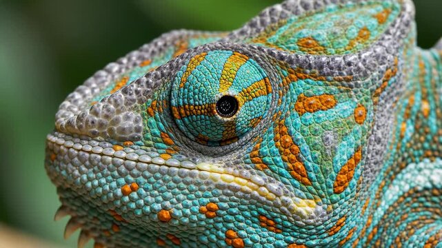 Extreme macro close up of colorful chameleon eye and textured skin, wildlife reptile background
