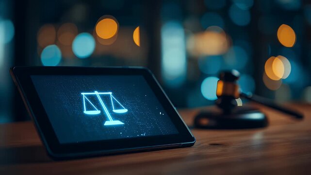 Digital justice scale icon on tablet with gavel