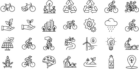 Fototapeta premium Eco-Friendly Cycling and Environment Line Icons Set. Sustainable Lifestyle Symbols.