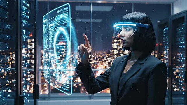 Woman engineer with futuristic visor examines holographic data interface panel in smart city office at night. Female professional analyzes digital display with transparent screen and city skyline view