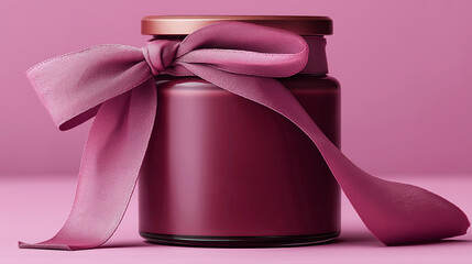 A minimalist glass jar with fabric draping on a rich, solid-color background, a cosmetic packaging mockup. For cream packaging design.