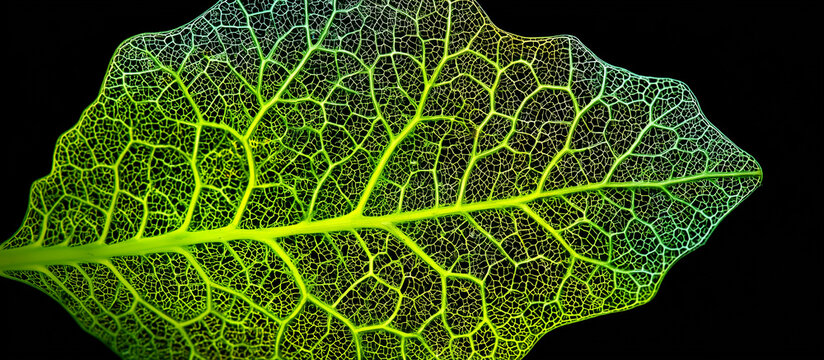 Detailed macro view of a translucent green leaf skeleton with glowing veins for nature and biotechnology design concepts