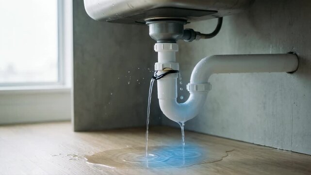 Water leaking from a broken plastic pipe under the sink. Close-up of drops falling onto a wooden surface causing water damage and a puddle. House plumbing repair emergency concept