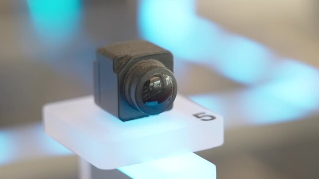An automotive ADAS (Advanced Driver Assistance System) camera sensor displayed on a stand, highlighting vision-based driver assistance technology for modern intelligent vehicles. China.