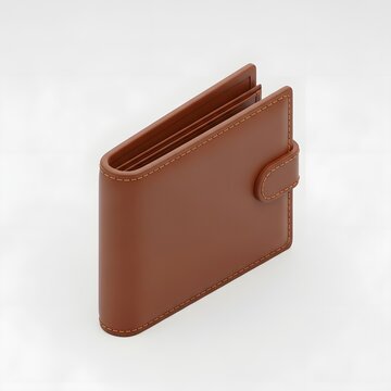 Title: 3D isometric brown leather bi-fold wallet icon, classic men's wallet with stitching detail for finance and banking isolated on white background.