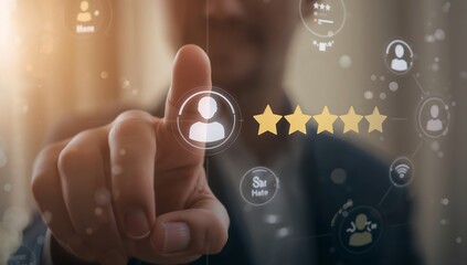 Businessman giving five star customer review rating online