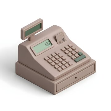 3D isometric electronic cash register icon, vintage style retail checkout machine mockup isolated on white background.
