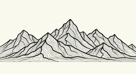A minimalist line art illustration of a majestic mountain range under a clear sky.