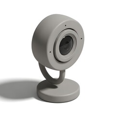 3D isometric small round 4K webcam icon, modern grey computer camera for video calls and streaming isolated on white background.