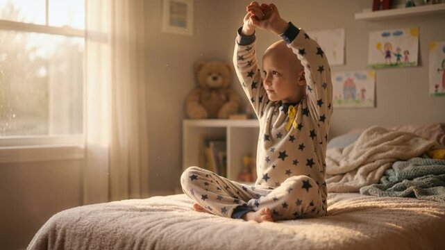 Little child with cancer wearing a yellow ribbon stretching arms on a bed in morning sunlight. Young leukemia patient waking up with hope. Childhood cancer awareness concept